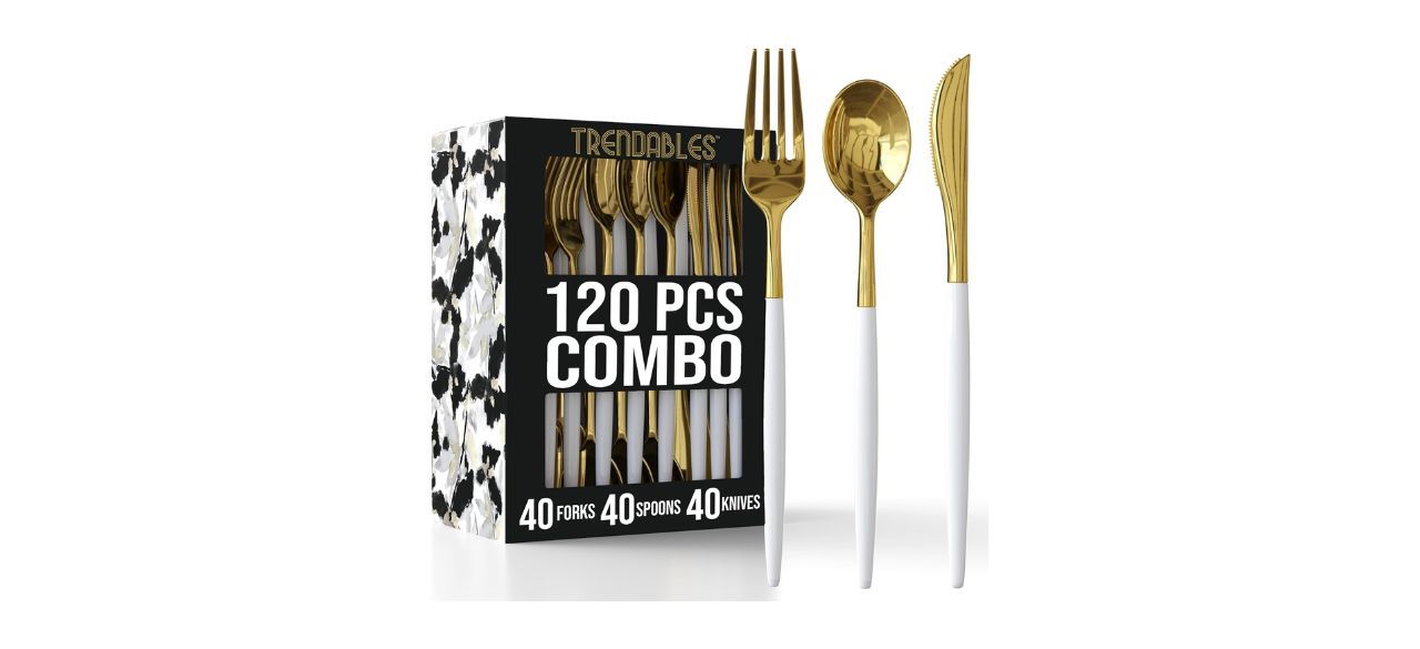 Trendables 120-Pack Disposable Silverware Set in White and Gold on white background