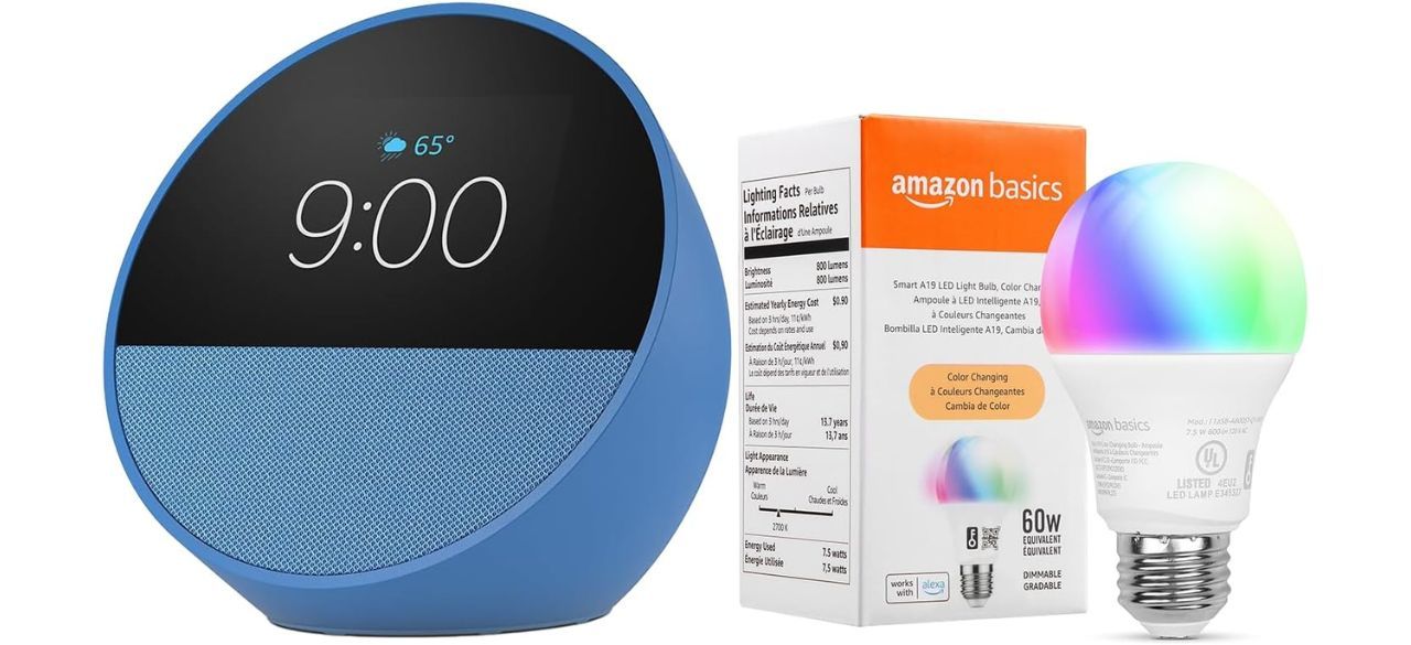 Echo Spot with Amazon Basics Smart Color Bulb