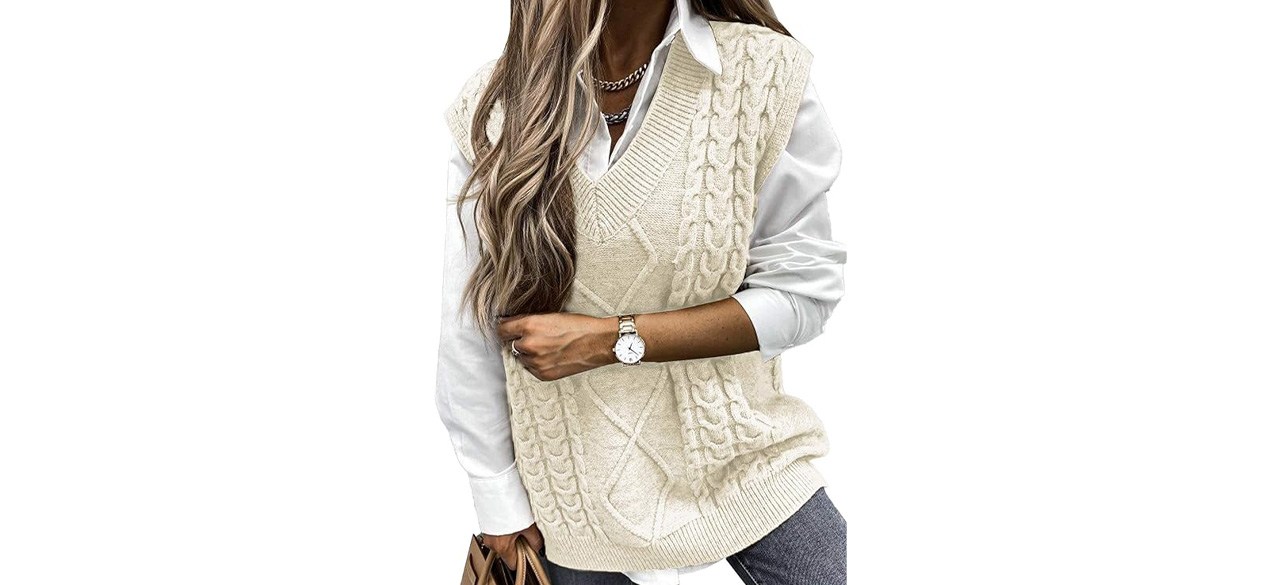 Woman wearing ivory-colored EVALESS Oversized Sweater Vest for Women