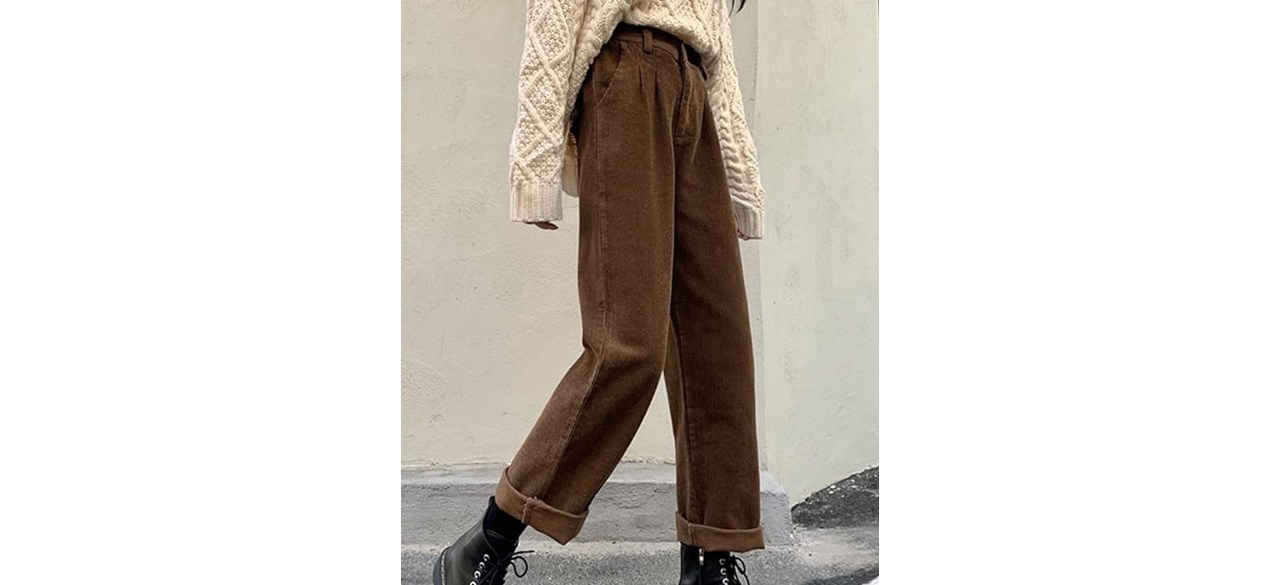 Person wearing brown Women's Vintage High Waisted Straight Leg Corduroy Pants Trouser