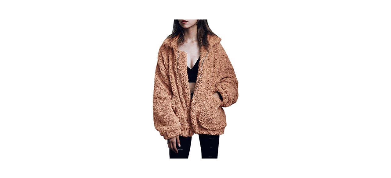 Best Ecowish Fuzzy Faux Shearling Zipper Coat