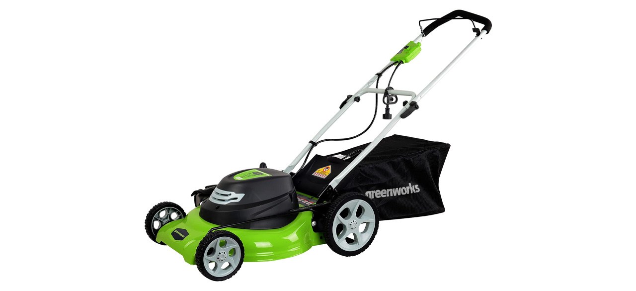 Green and black Greenworks 20-Inch 3-in-1 Electric Corded Lawn Mower on white background