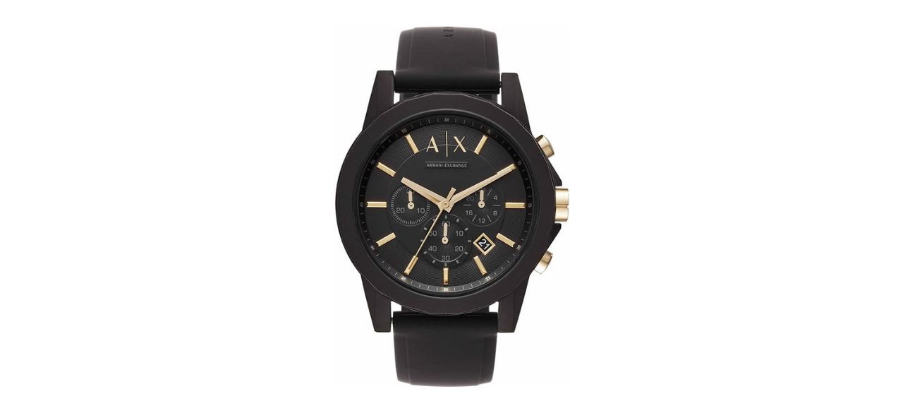 Armani Exchange Men's Chronograph Dress Watch, black with gold accents, on white background