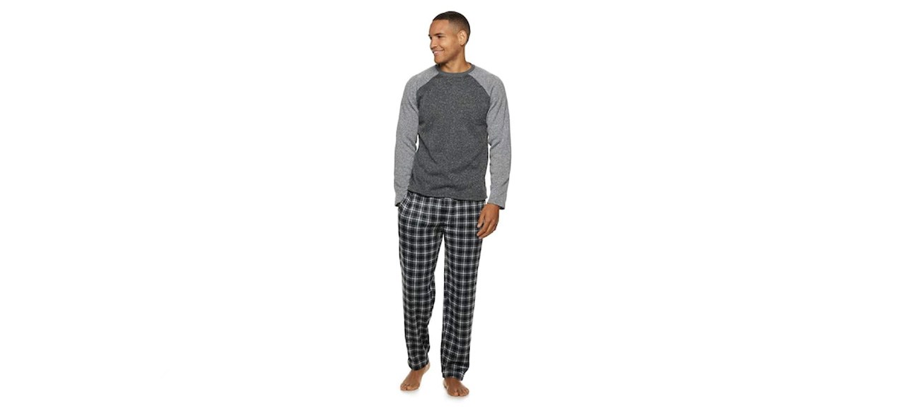 Fruit of the Loom Men's Signature Fleece Raglan Sleep Top and Plaid Pants Set