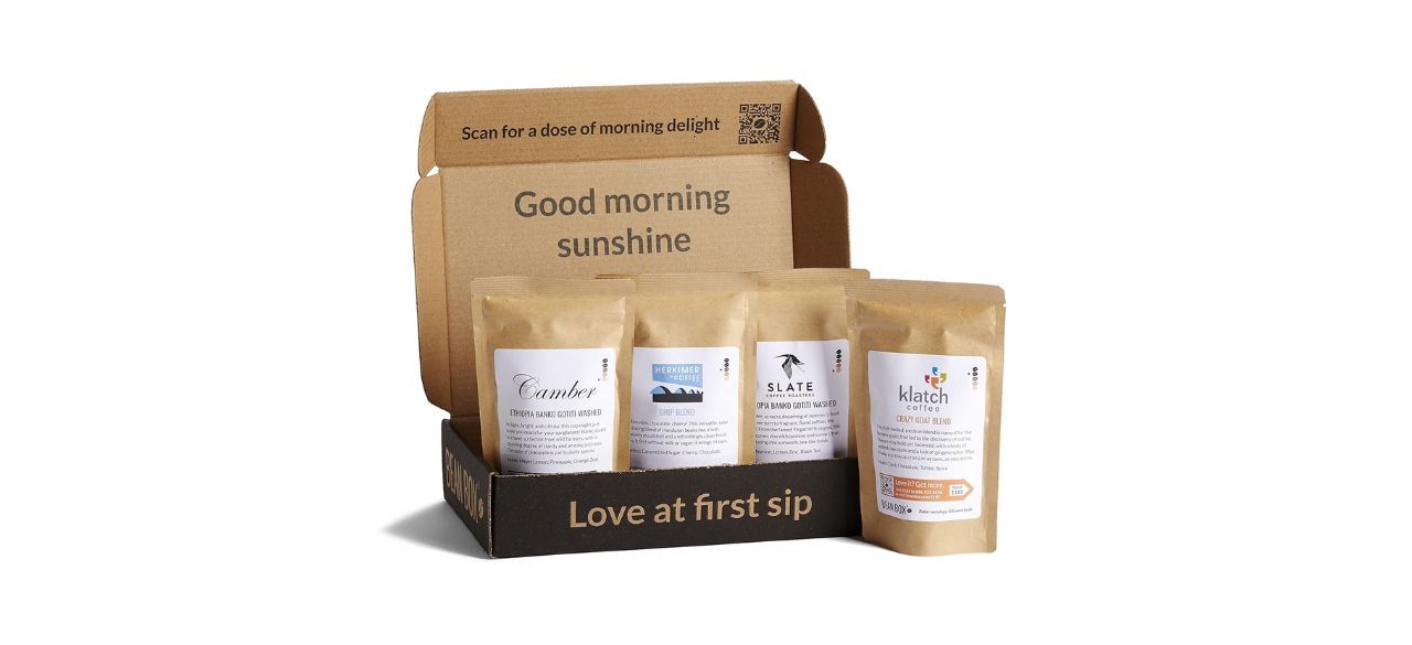 Bean Box Gourmet Coffee Sampler in pouches on white background