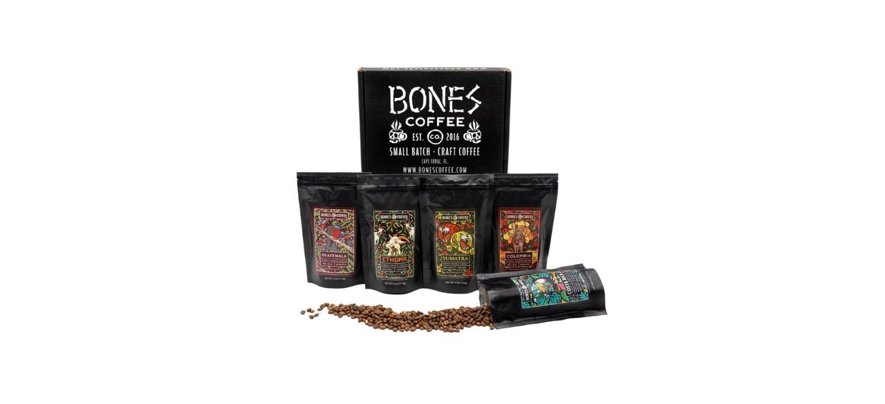 Bones Coffee Company New World Tour Sample Pack on white background in black pouches