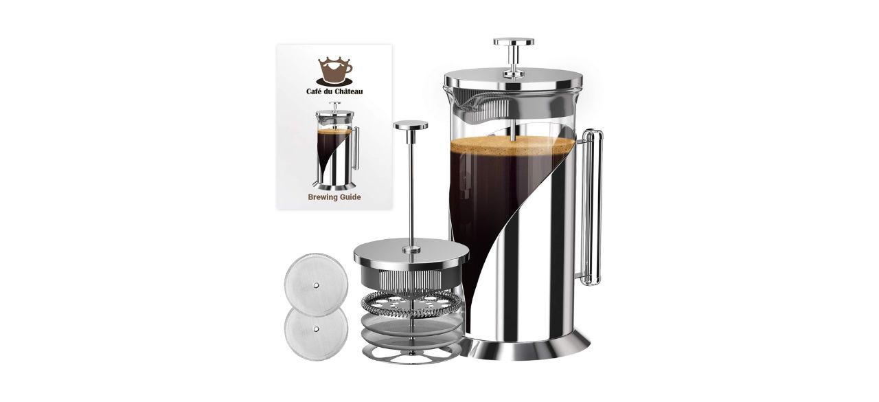 Cafe Du Chateau French Press Coffee Maker on white background next to brewing guide