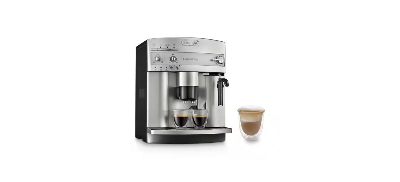 De’Longhi Magnifica Super Automatic Espresso & Coffee Machine with small mugs underneath it