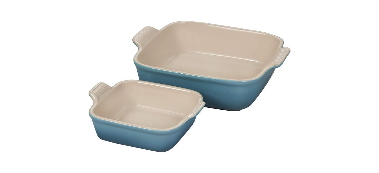 Le Creuset Heritage Square Baking Dishes, blue and white, on white background