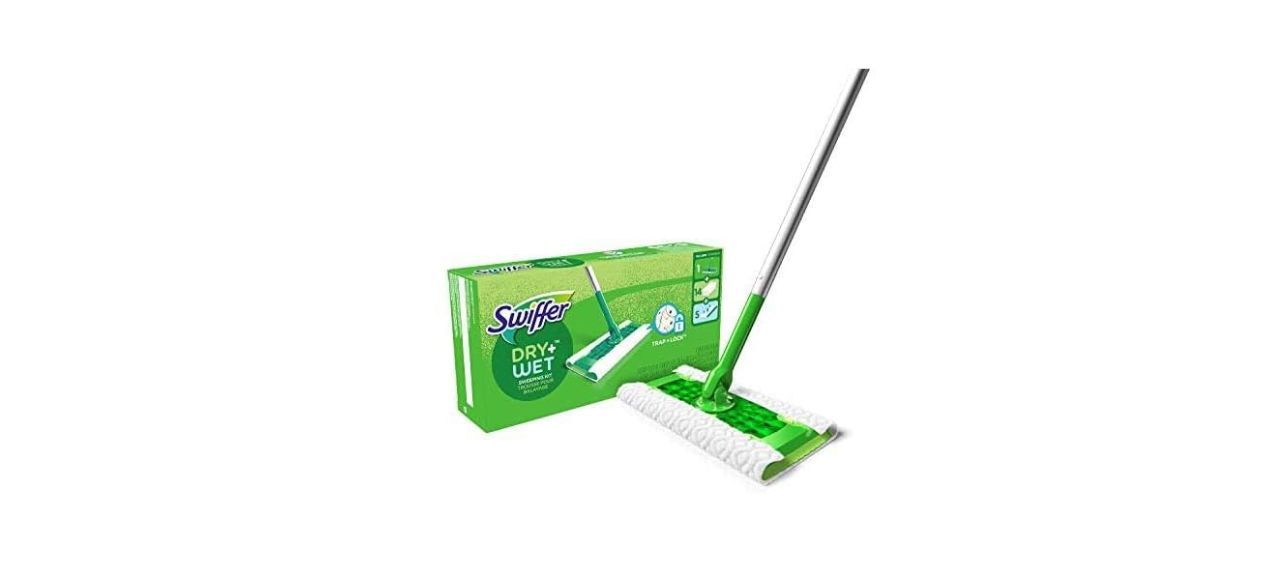 Swiffer Sweeper 2-in-1 Dry and Wet Mopping Starter Kit on white background, including box of mop covers