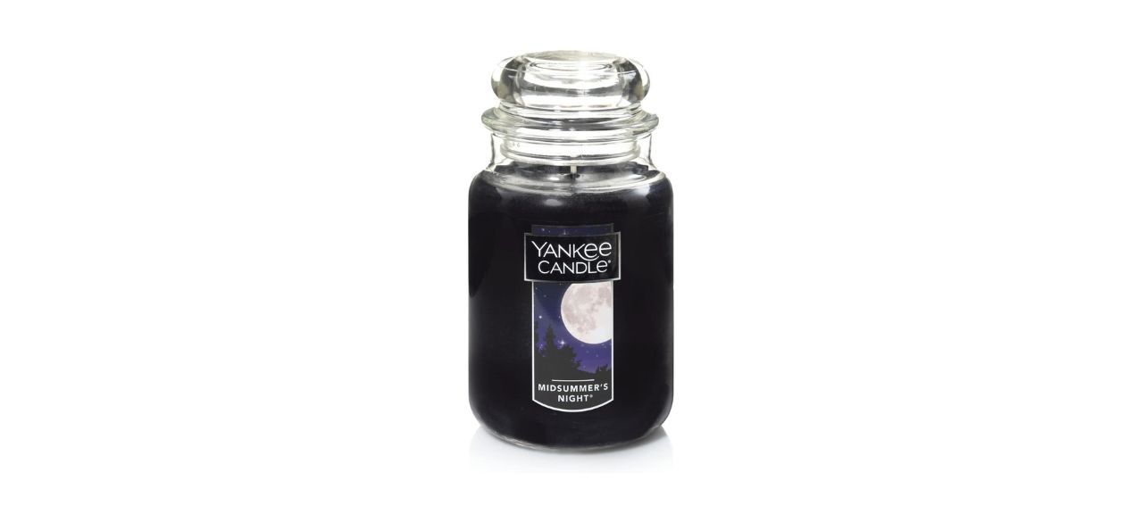 Yankee Candle Midsummer’s Night Large Jar Candle; black candle in clear glass jar with picture of a moon on it.