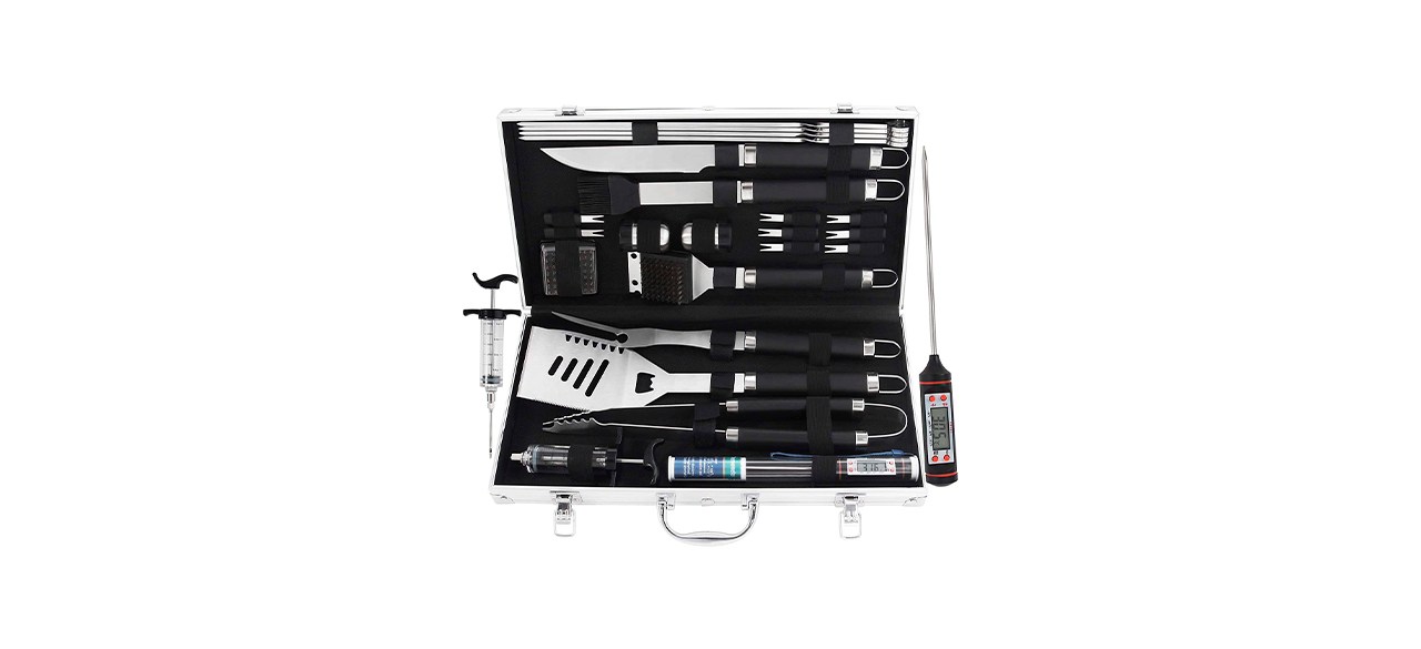 A 24-piece grilling tool set in an aluminum case