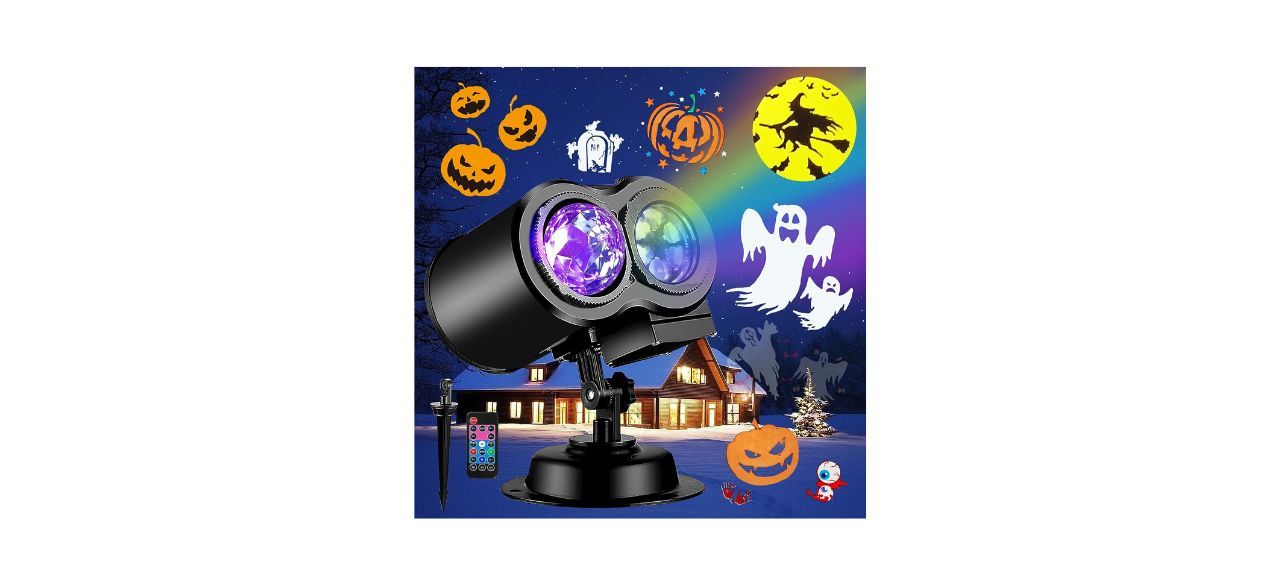 A projector shown outside with spooky images it could project, like pumpkins and ghosts