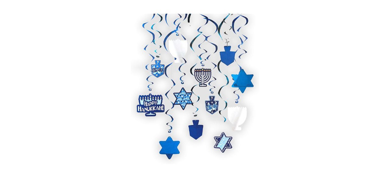 The Dreidel Company Hanukkah Swirl Decorations in blue and white on white background