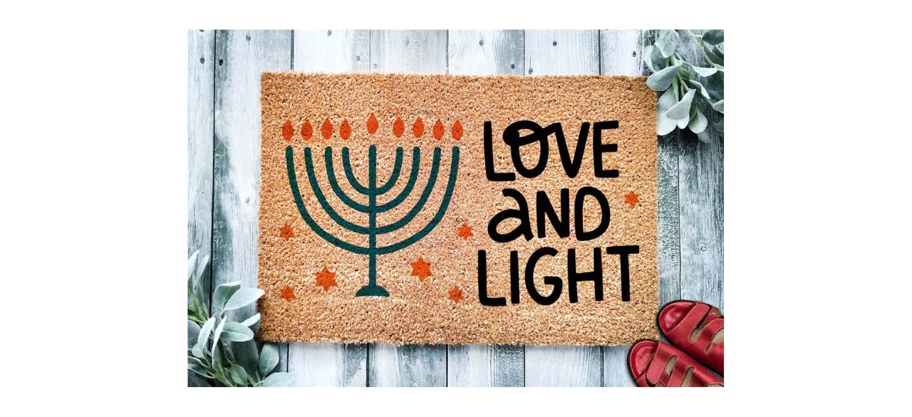 WoodByStu Love and Light Hanukkah Doormat with picture of menorah on it, text reads 