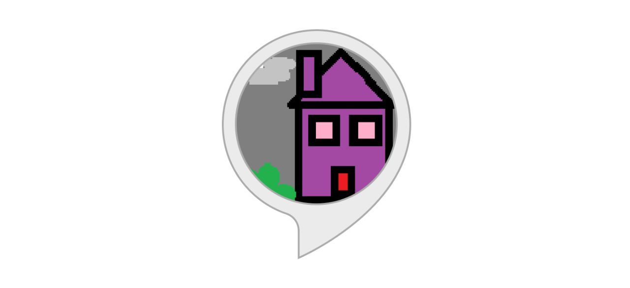 A speech bubble icon with a cartoon drawing of a purple house in it