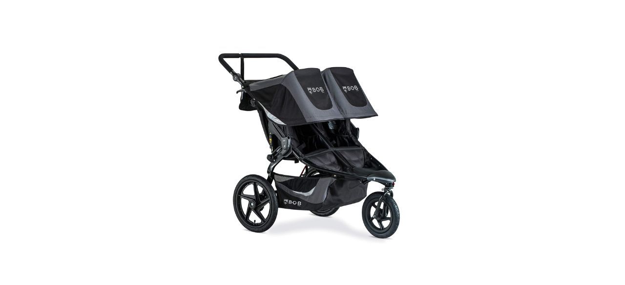 a black double jogging stroller to hold two kids