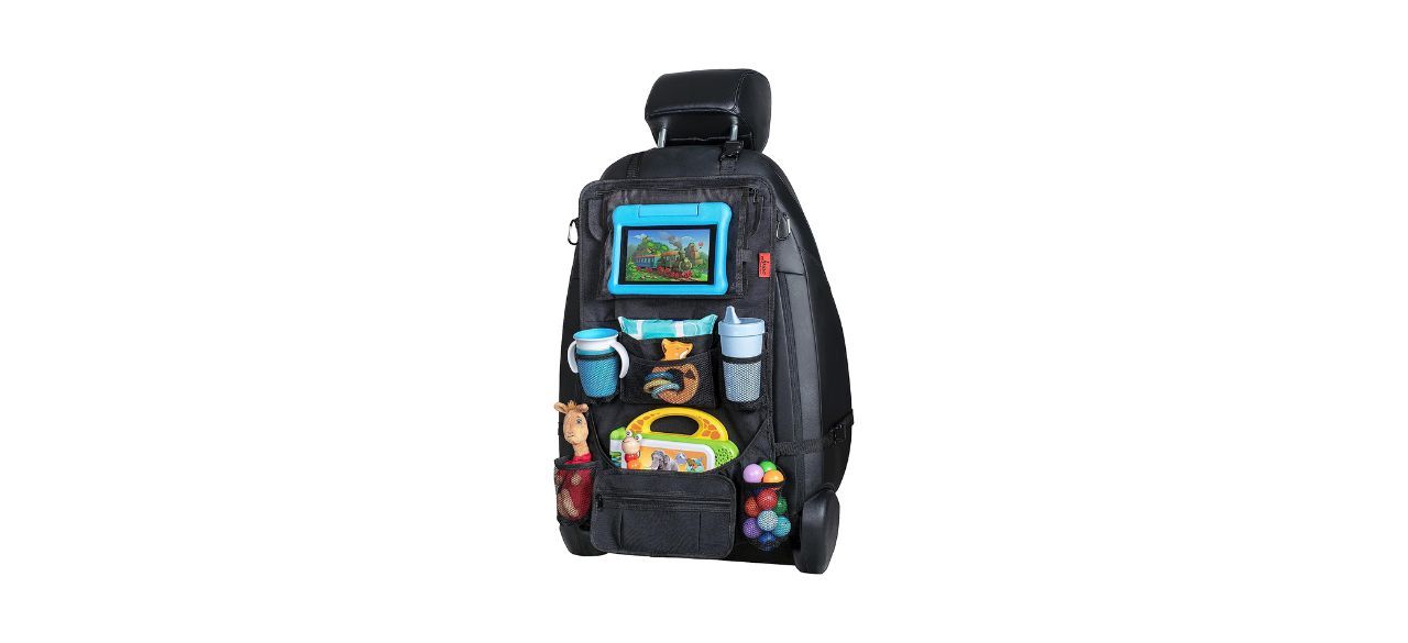 An organizer that straps to the back of a driver's seat or passenger's seat. It has lots of pockets that fit things like an iPad, toys, and sippy cups.