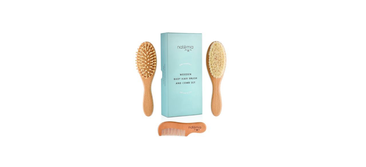 a wooden baby brush with soft bristles, a wooden baby brush with hard bristles, and a wooden baby comb