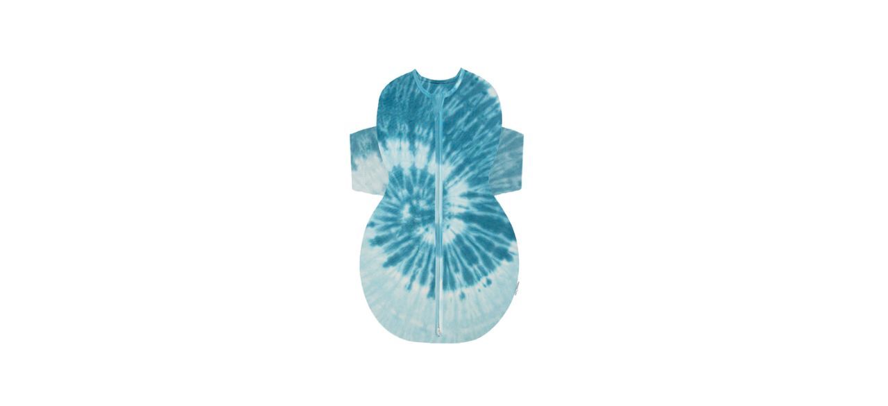 a Snoo Organic Sleep Sack with a blue tie-dye design (one of many designs)