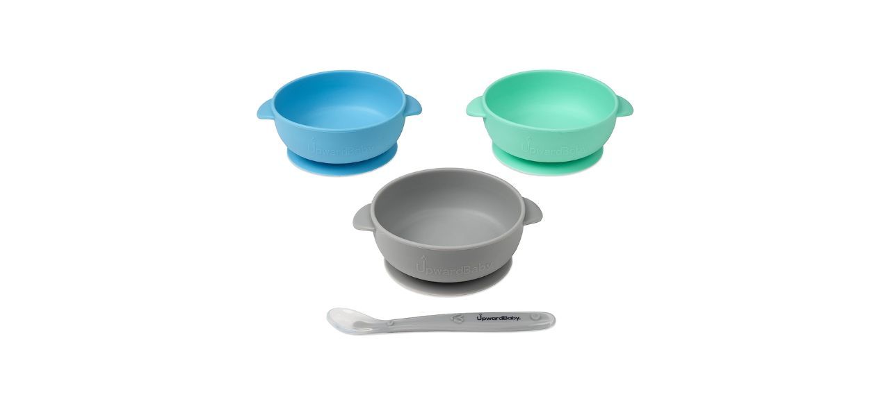 3 silicone baby bowls - green, blue and gray. There is also a baby spoon.