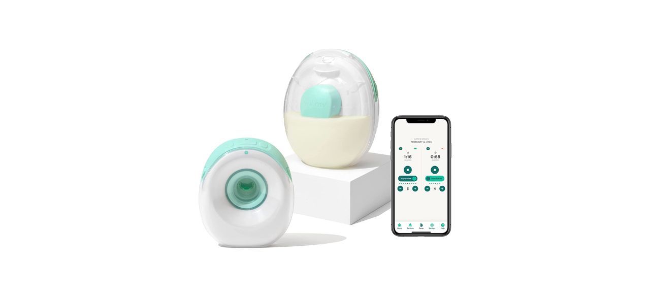 A Willow Go Breast Pump and a smartphone showing the accompanying app.