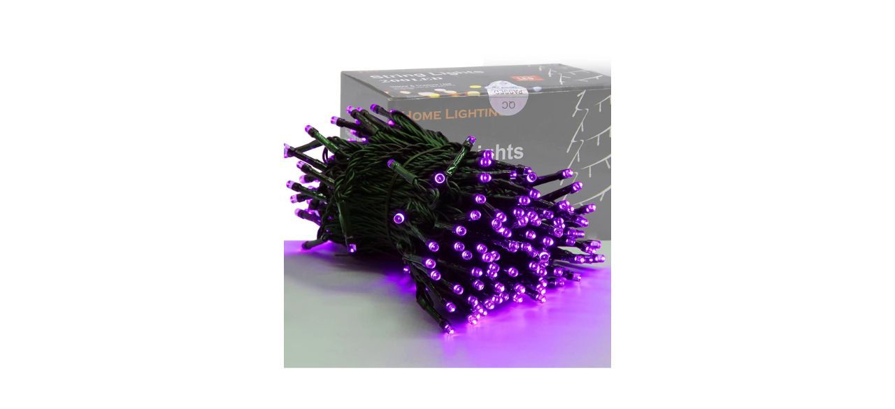 A large bundle of mini purple string lights with a green wire