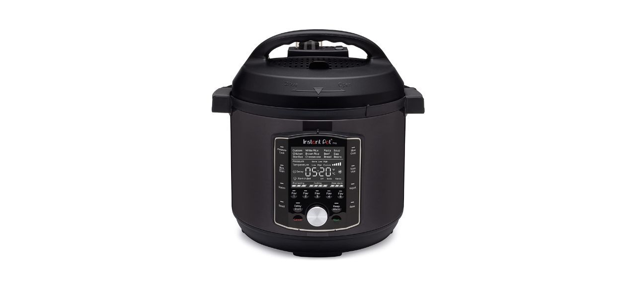 black Instant Pot Pro 10-in-1 8-Quart Pressure Cooker on white background