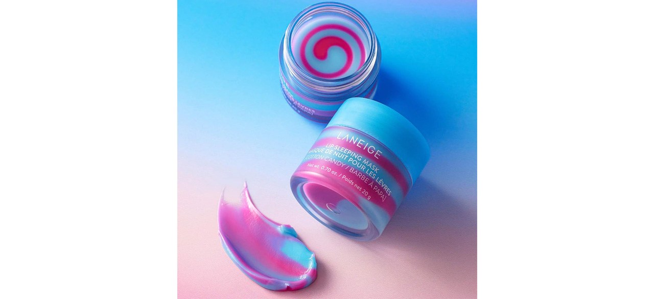 LANEIGE Lip Sleeping Mask in Cotton Candy on blue and pink background