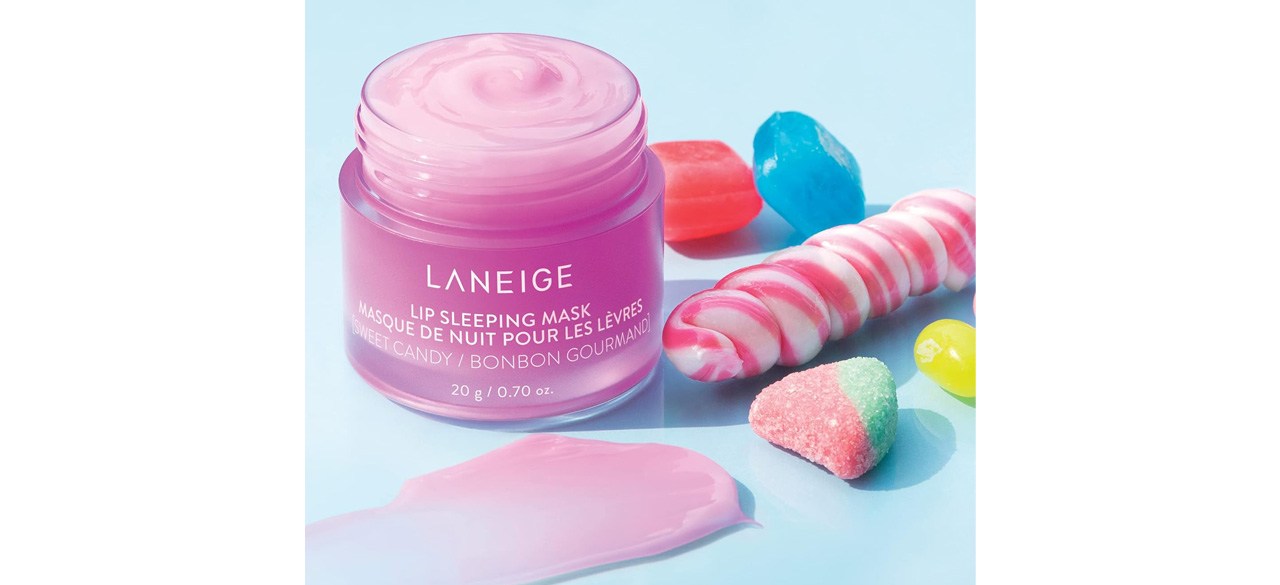 LANEIGE Lip Sleeping Mask-Sweet Candy next to candy on light blue background