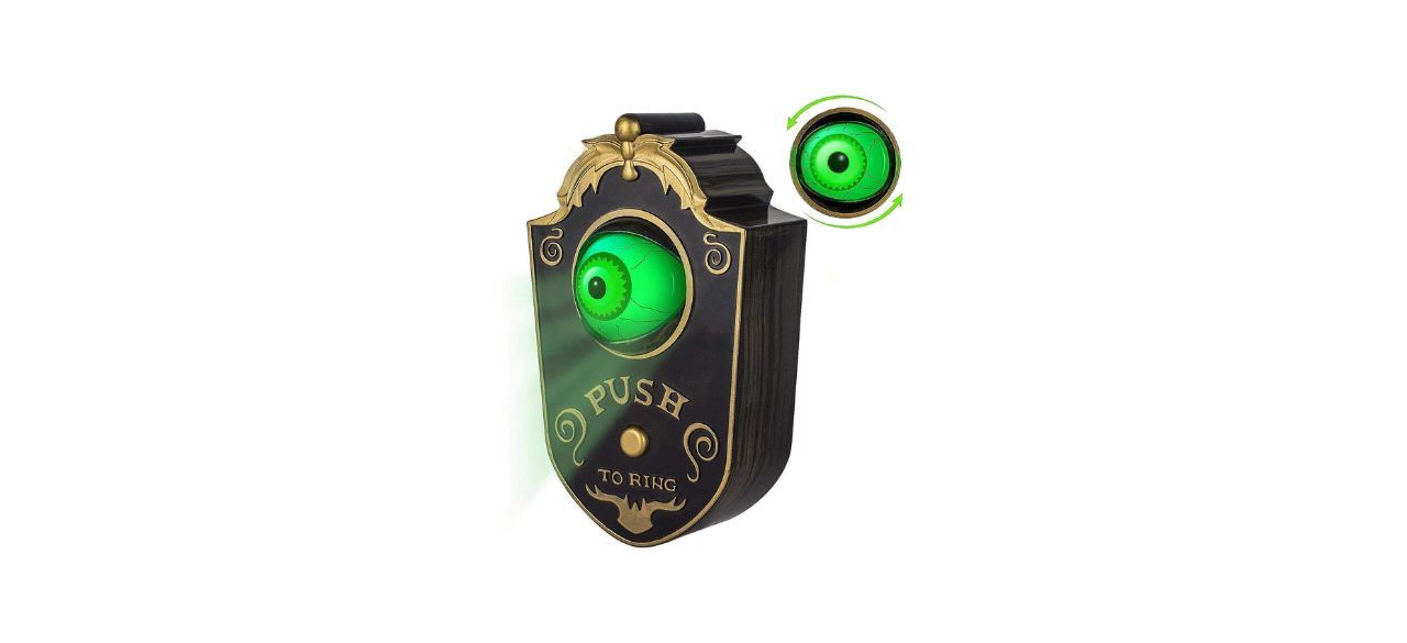 A doorbell with a glowing green eyeball on it and a button to push. Text reads, "push to ring."