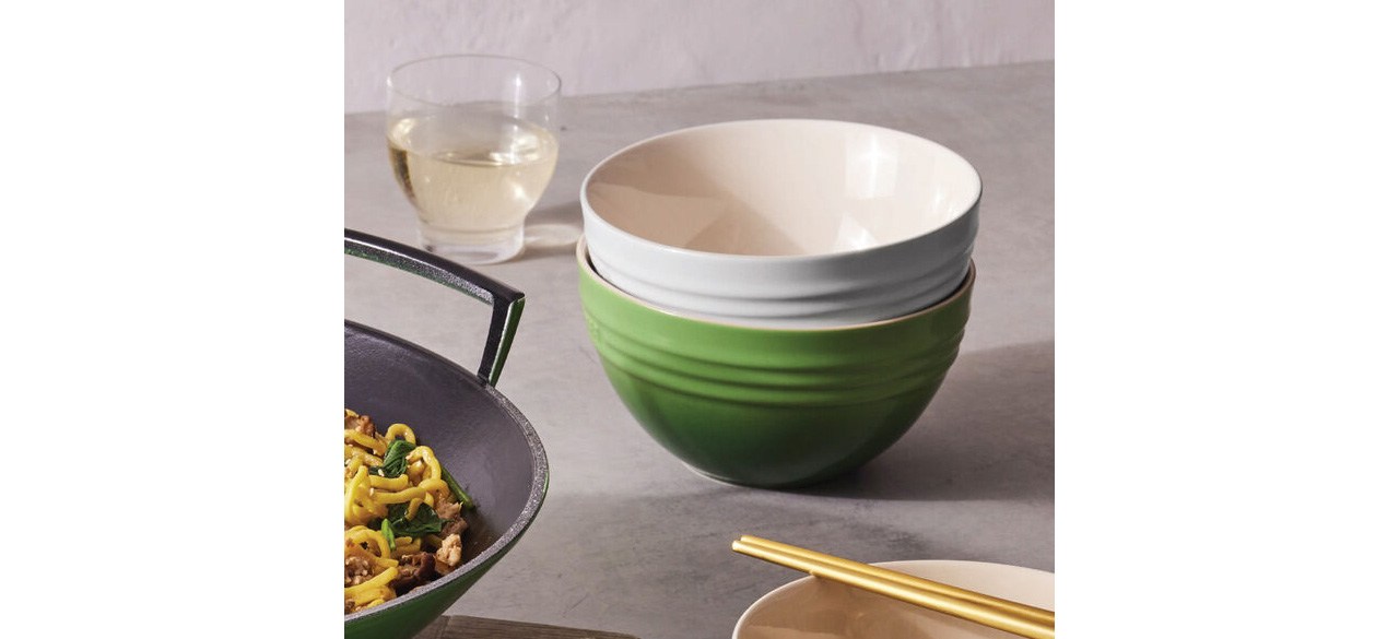 Stacked Le Creuset Noodle Bowls-one green, one white