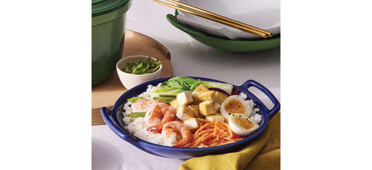 Blue Le Creuset Wok Dish with shrimp, eggs and rice