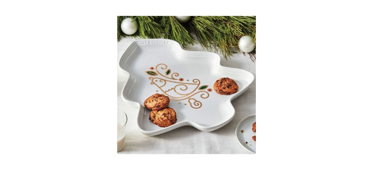 tree-shaped white ceramic platter with gold partridge design on it