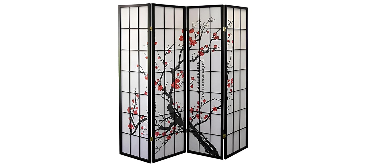 a rice paper room divider with Japanese blossom designs