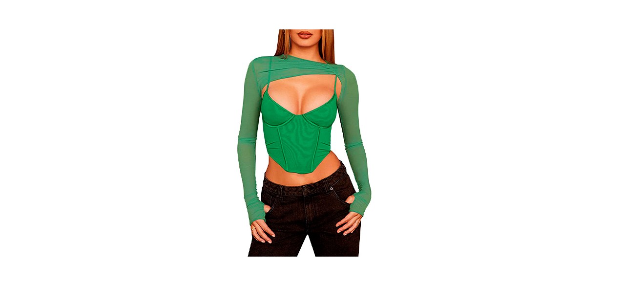 Best Meladyan Long-Sleeved Mesh Crop Corset Top 