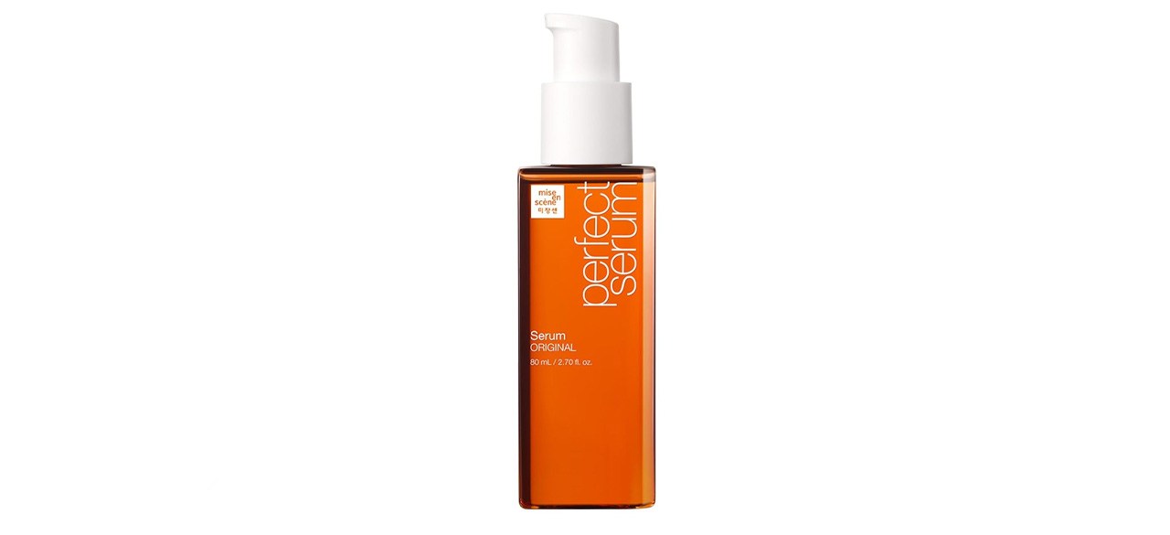 Orange bottle of Mise En Scene Perfect Serum Original on white background