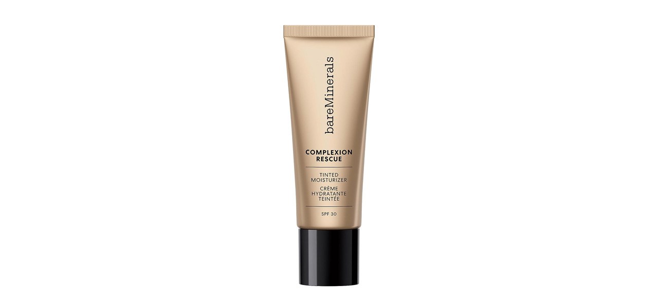 Tube of BareMinerals Complexion Rescue Tinted Moisturizer with Hyaluronic Acid and Mineral SPF 30 on white background