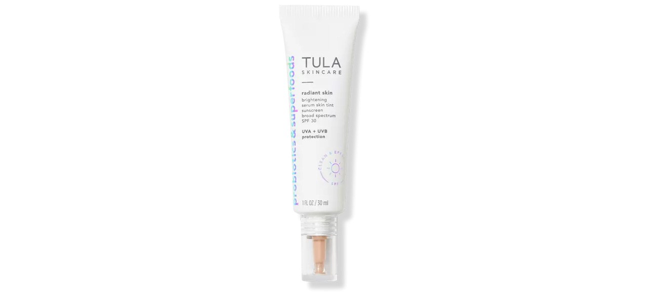 Tube of Tula Radiant Skin Brightening Serum Skin Tint SPF 30 on white background