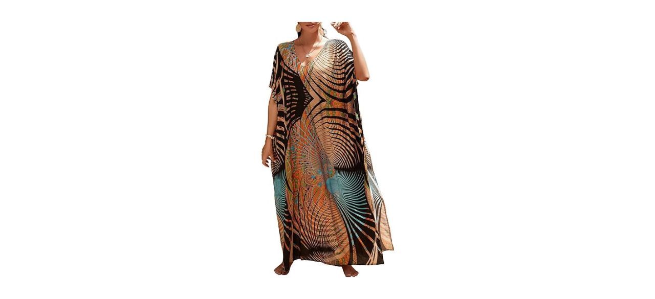 woman wearing Bsubseach Colorful Geometric Beach Cover-Up Loose Kaftan Dress