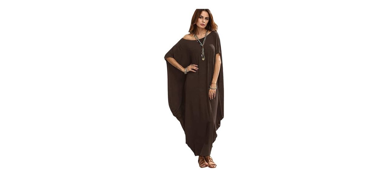 woman wearing Verdusa Boat Neck Dolman Sleeve Caftan Harem Oversized Maxi Dress in a dark brown (chocolate brown) color