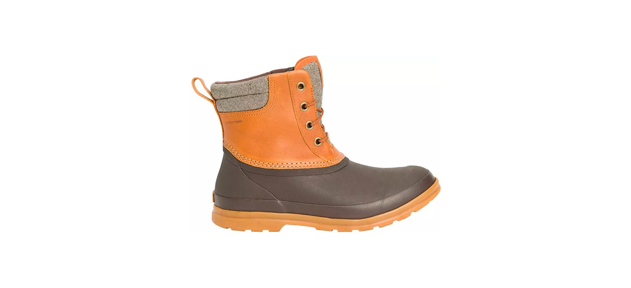 Orange duck boots with a brown bottom part