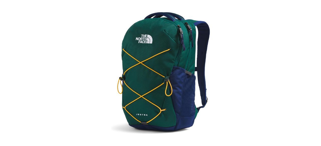 THE NORTH FACE Jester Everyday Laptop Backpack in hunter green with navy blue and yellow accents