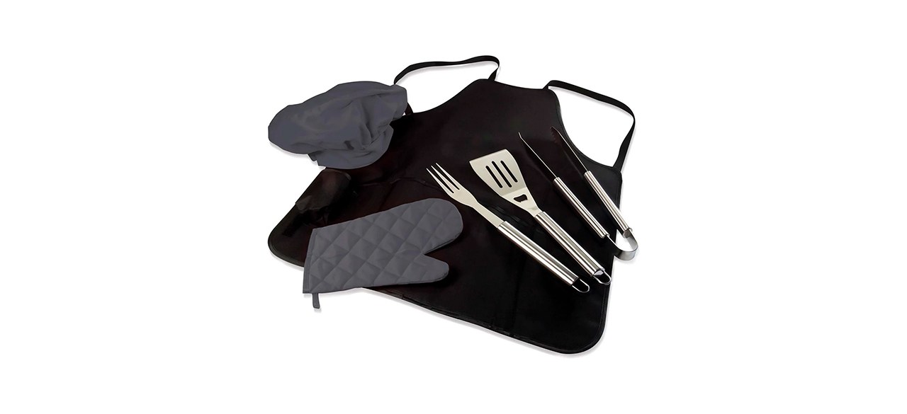 A grill hat, an apron, an oven mitt, a grilling spatula, a grilling fork and tongs