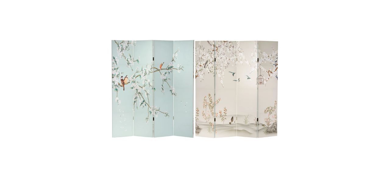 a canvas room divider with 4 panels, depicting cherry blossoms and birds