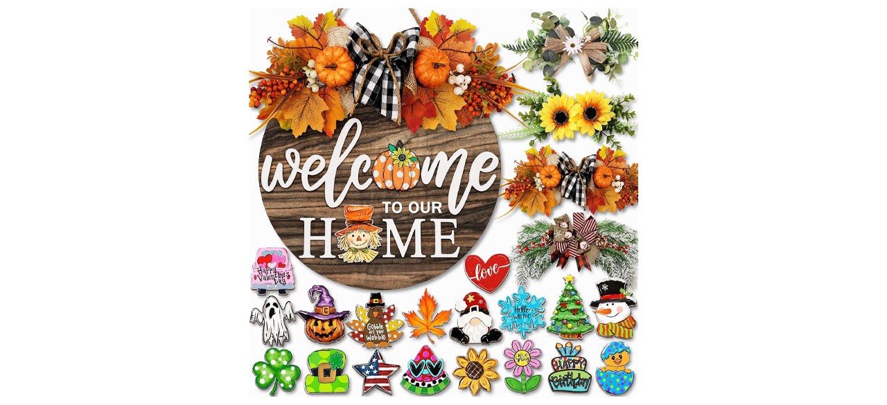 OWUH Interchangeable Welcome Sign for Front Door with Four Seasonal Wreaths