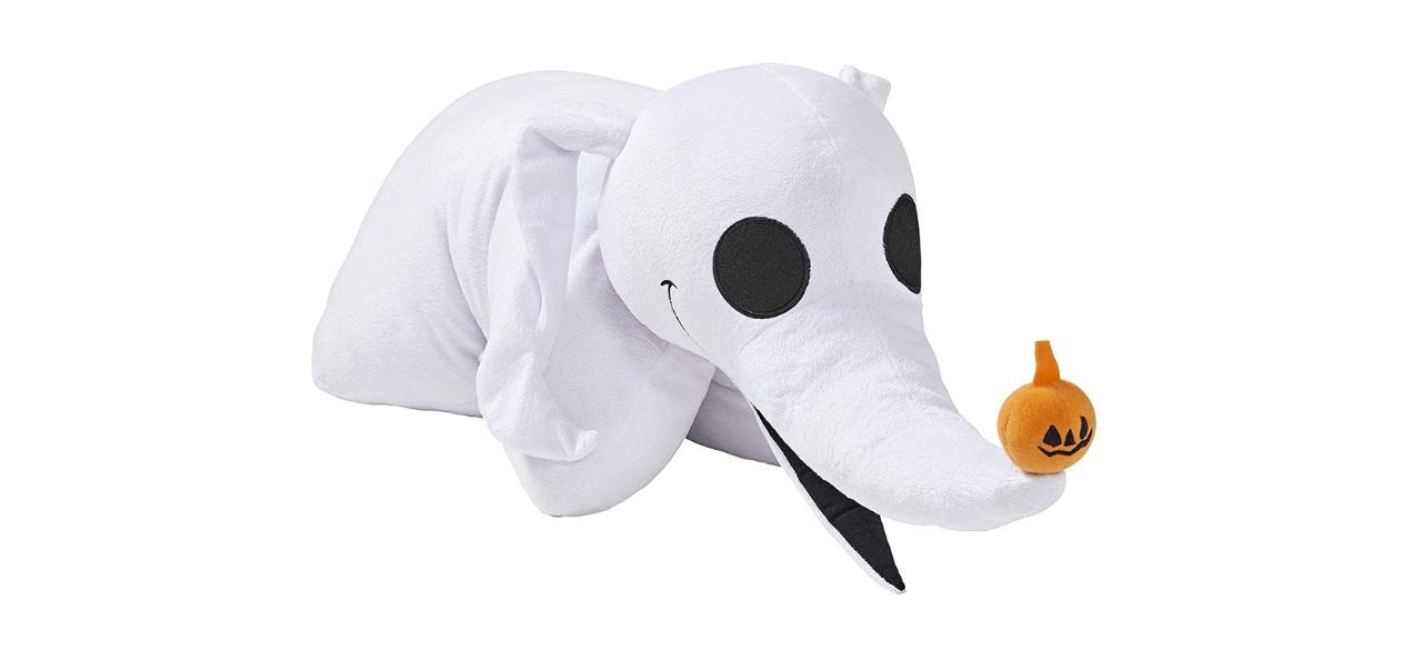 A white ghost dog plushie with a pumpkin nose