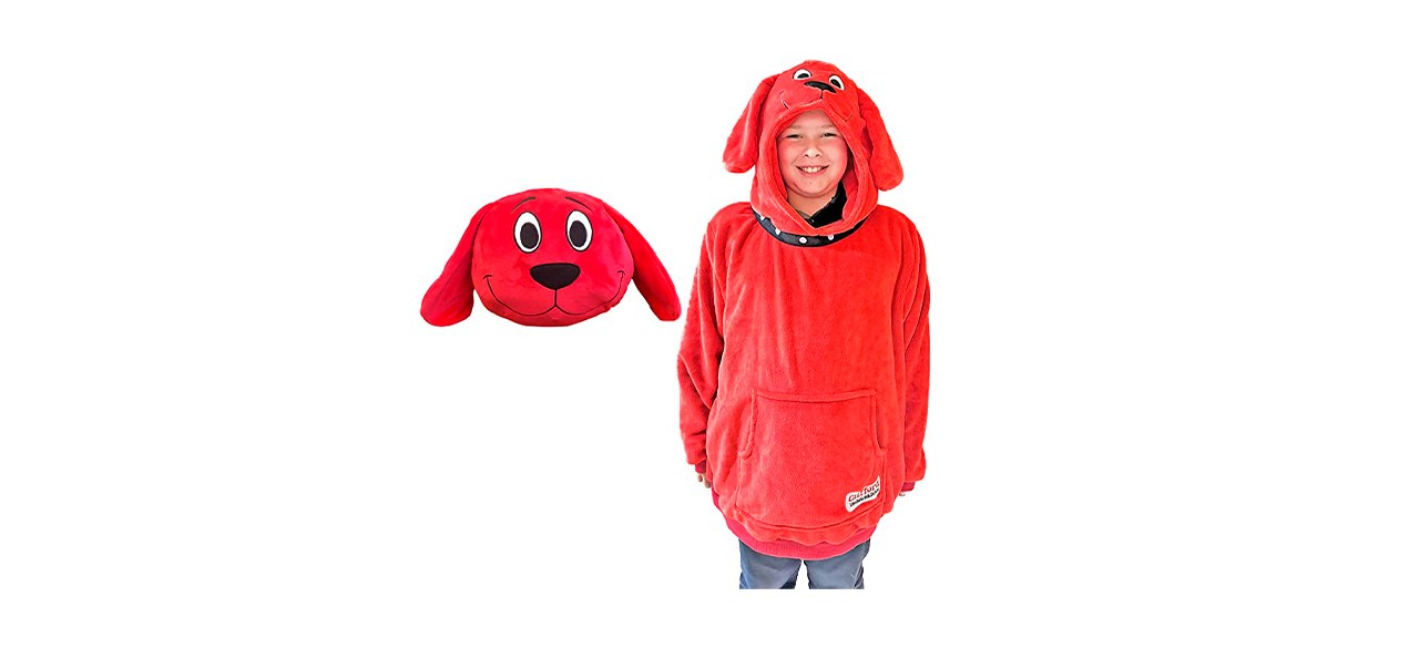 red wearable blanket with dog head on hood