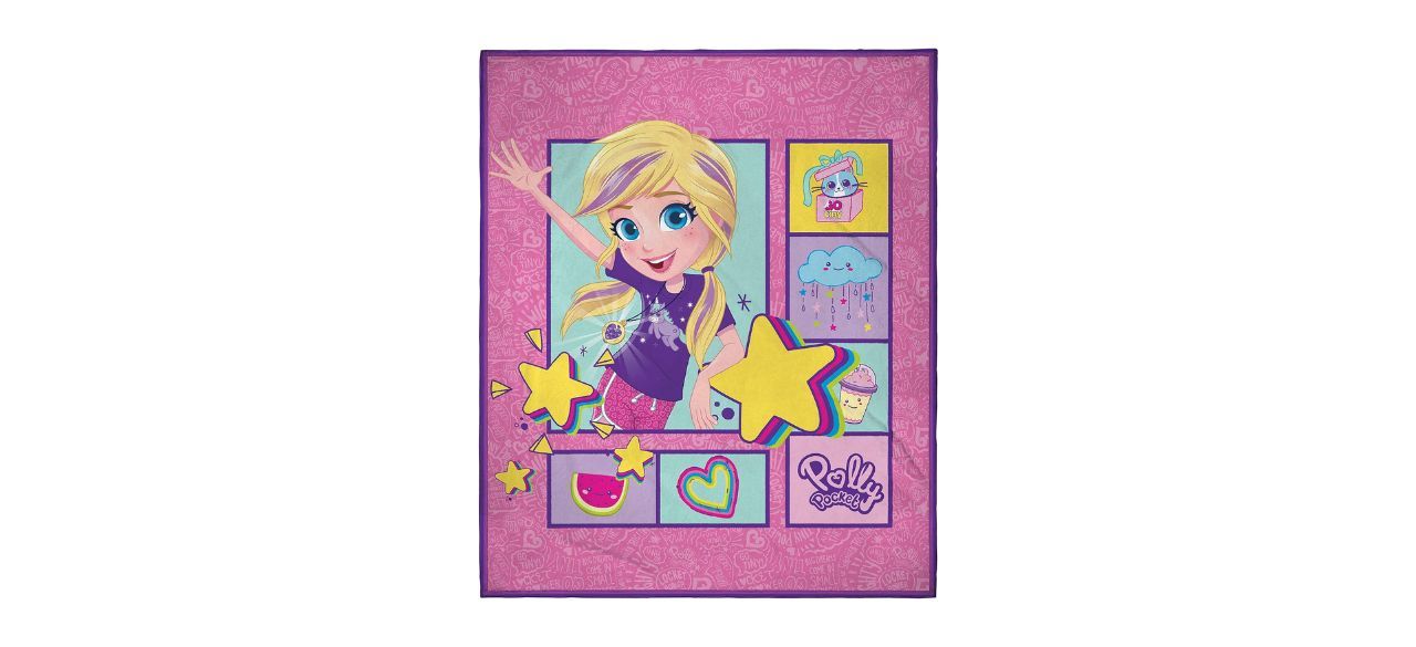 pink throw blanket with images of a Polly Pocket character, a cat in a box, a cloud, a boba drink, a heart, a watermelon and some stars, with purple trim.