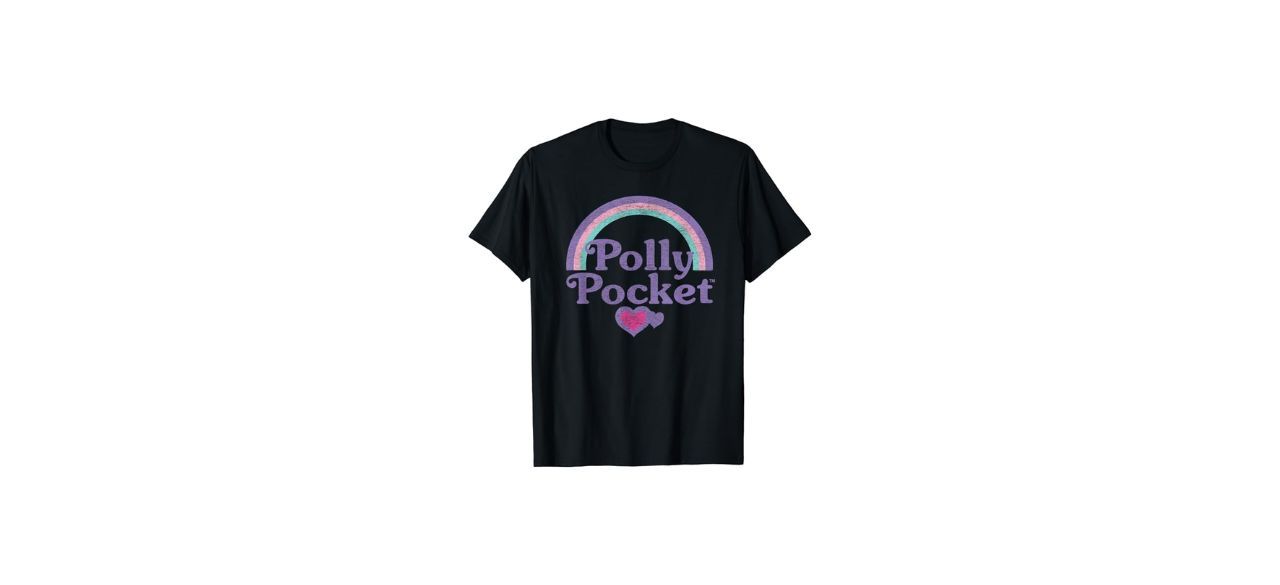 black Mattel Polly Pocket Rainbows T-shirt with picture of a rainbow and a heart on it, text: "Polly Pocket"